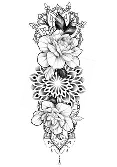 a black and white tattoo design with flowers