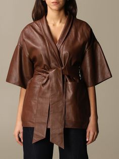 Robe Jacket  Vneckline  Leather Fabric  Short And Wide Sleeves  Belt Loops  Patch Pockets  Banded Belt To Tie Short Sleeve Leather Jacket, Leather Long Jacket, Fashion Capsule Wardrobe, Long Sleeve Outerwear, Cropped Leather Jacket, Wrap Jacket, Women's Robe, Wool Blend Jacket, Fashion Capsule