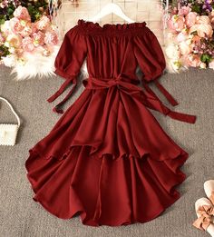 Red Casual Chiffon Party Dress, Red High-low Hem Summer Dress, Red Midi-length Chiffon Dress, Red High-low Hem Dress For Spring, Casual Red Chiffon Party Dress, Casual Red Chiffon Dress For Party, Fitted Red Chiffon Midi Dress, Chic Fitted Red Chiffon Dress, Casual Burgundy Midi Dress For Party