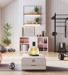 a living room with yoga mats, exercise balls and an air purifying machine