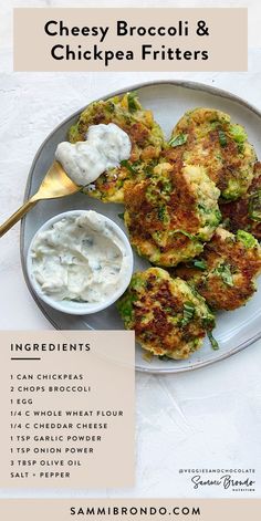 broccoli and chickpea fritters on a plate with ranch dressing