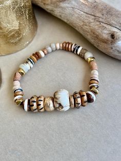 Stretchy bracelet size 7/disk bone/ Nepal beads/ plated gold beads/boho Autumn Jewelry, Stretchy Bracelets, Fall Jewelry, Crafty Stuff, Bracelet Sizes, Gold Beads, Favorite Things Gift, Nepal, Bones