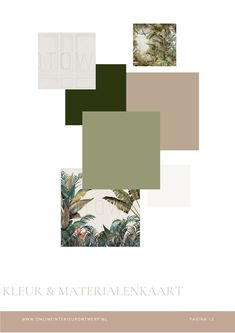 the cover of keuer & materialen kaart, featuring tropical plants and foliage