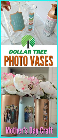 dollar tree photo vases for mother's day craft with free printable labels