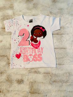 Sassi and adorable Boss Baby Shirt paint splatters. Includes child's age and Afro American Boss baby. Available in sizes 9/12 thru 6. Completely customizable. Message me so we can bring your idea to life. Cute Short Sleeve Birthday Shirt, Fitted Short Sleeve Tops For Birthday, Pink Character Print Tops For Birthday, Playful Fitted Tops For Birthday, Pink Short Sleeve Top, Customizable Cute Tops For Birthday, Fun Fitted Birthday Tops, Fun Fitted Top For Birthday, Fitted Fun Style Top For Birthday