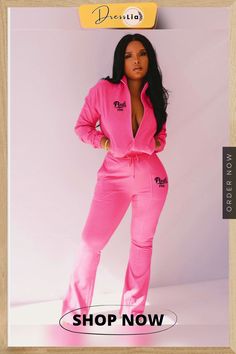 Sportswear Zipper Jacket Flare Pants Matching Sets Sporty Spring Tracksuit With Pockets, Fall Tracksuit For Jogging With Pockets, Long Sleeve Tracksuit With Pockets For Jogging, Pink Long Sleeve Tracksuit For Jogging, Fall Sports Tracksuit With Pockets, Pink Long Sleeve Tracksuit With Pockets, Pink Long Sleeve Activewear For Jogging, Fall Sportswear Tracksuit With Pockets, Sporty Pink Pants For Fall