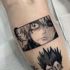 a person with a black and white tattoo on their leg that has an image of two anime characters