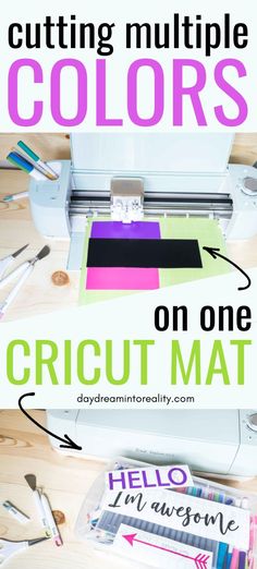 a cricut mat with the words cutting multiple colors on it, and an image of