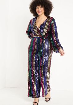 Multicolor Stripe Sequin Jumpsuit | Eloquii What To Wear For Dinner, Plus Size Sequin Jumpsuit, Disco Party Outfit, Prom Dress Websites, Look Plus Size, Plus Size Party Dresses, Sequin Jumpsuit, Plus Size Brands, Disco Outfit