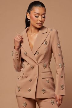 Verona Embellished Jacket - Mocha | Fashion Nova, Luxe | Fashion Nova Business Dress Women, Clueless Outfits, Net Dress, Embellished Jacket, Fashion Attire, White Blazer, Luxe Fashion, White Fashion, Lapel Collar