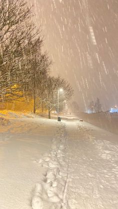 the snow is falling and there are footprints in the snow