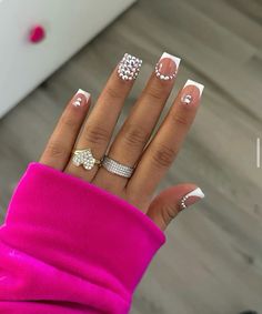 Painted French Tip Acrylic Nails, Braider Nails Ideas Long, Short Boujee Acrylic Nails, Shorties Nails Square Design, Short French Tip Acrylic Nails With Gems, Short Bling Acrylic Nails, Short Bling Nails, Shorties Nails Square, Acrylic Toe Nails