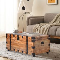 a living room with a coffee table made out of an old trunk