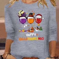 Olivia Mark - Plus Size Halloween Christmas T-shirt, Women's Plus Funny Wine Glasses & Slogan Print Long Sleeve Round Neck Medium Stretch T-shirt Funny Wine Glasses, Wine Print, Funny Wine, Plus Size Halloween, Home T Shirts, Womens Casual, Christmas T Shirt, Crew Neck Top, Casual Blouse