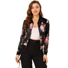 This bomber jacket is designed with floral prints in bright colors and long sleeves. It is detailed with a zip fastening front and ribbed at the cuffs and hem. Wear yours over an all-black outfit to keep it in the spotlight. Made of 100% Polyester. Features zip fastening through front and ribbed trims and cuffs. Machine wash inside out. The body size chart shows fitting size, please check your measurements to make sure the item fits before ordering. Spring Outerwear With Ribbed Cuffs, Floral Print Jacket, Floral Jacket, Lightweight Shorts, Woman Standing, All Black Outfit, Print Jacket, Chic Woman, Short Jacket