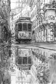 a black and white drawing of a city street with a tram on it's tracks