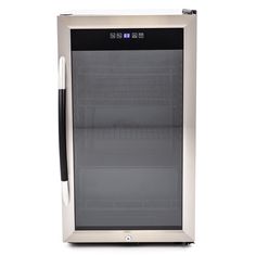 a stainless steel beverage cooler with glass door and black handle on an isolated white background