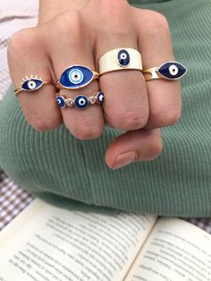 Yellow Gold Evil Eye Rings As Gifts, Blue Evil Eye Ring Jewelry, Symbolic Evil Eye Jewelry Ring, Adjustable Evil Eye Rings, Spiritual Blue Evil Eye Ring, Evil Eye Ring Gold, Turkish Eye, Greek Evil Eye, Turkish Evil Eye