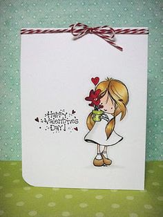 a handmade card with a girl holding flowers and saying happy valentine's day