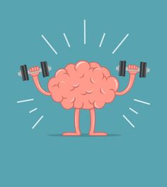 a cartoon brain lifting two dumbbells in front of his head with arms and legs