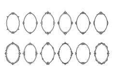 six oval frames with ornate designs on each one side and the other half in black ink