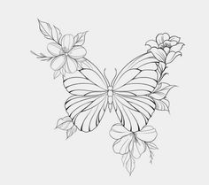 a black and white drawing of a butterfly with flowers