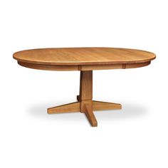 an oval wooden table with four leaves on one end and two legs, in the middle