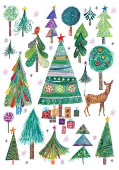 christmas trees and deers are painted on white paper