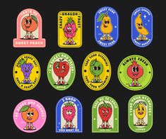 six stickers with different types of fruit on them