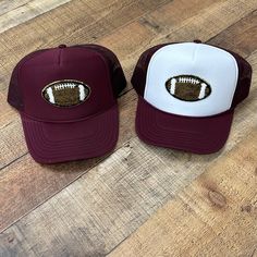 Football Patch Hats are the perfect accessory for any football lover! Chenille Football Patch on a foam Trucker cap adjustable snaps. 100% Polyester mesh back Patch Hats, Hat Party, Football Lover, Football Lovers, Personalized Embroidery, Embroidery Ideas, Party Hats, Trucker Cap, Softball