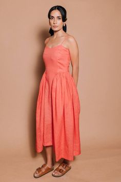 Coral midi dress with side gathers. - Aza Fashions Coral Midi Dress, Midi Dress For Women, Dress For Women, Aza Fashion, Chloe, Coral, Midi Dress, Womens Dresses, For Women