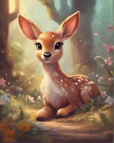 a painting of a baby deer sitting in the woods with flowers around it's feet