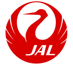 the jal logo is red and white with a large bird on it's head