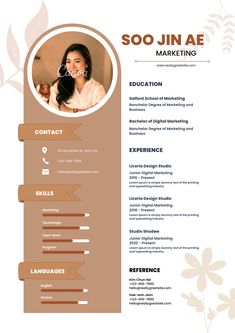 a resume template with an image of a woman in the center and flowers on it