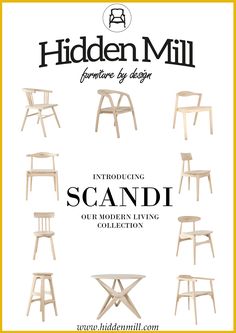 the hidden mill furniture by design catalog is shown in white and yellow, with different wooden chairs