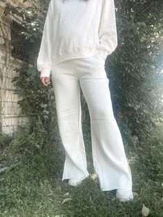 - soft knit wide leg with slit lounge pants - true to size, model is wearing a small Wide Leg Lounge Pants, Lounge Pants, Soft Knits, Wide Leg, Lounge, Knitting, Pants, How To Wear, Trousers