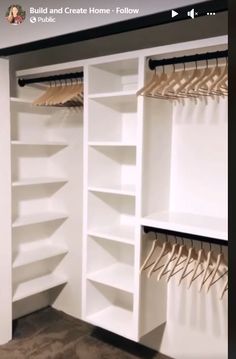 the closet is full of clothes and hangers in it's white shelves,