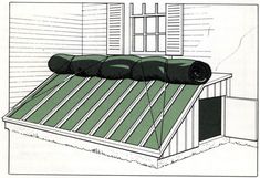 a drawing of a green roof with a rolled up mattress on top