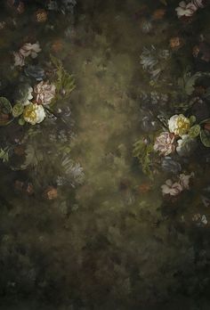 an abstract painting with flowers and leaves in the center, on a dark green background