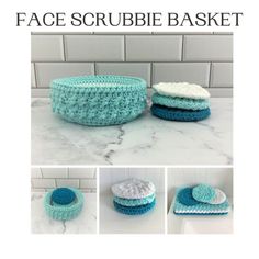 crochet pattern for a bowl and dish cover in aqua blue, white and grey