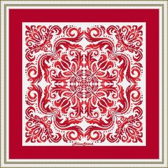 a red and white cross stitch pattern with an ornate design on the center, in square format