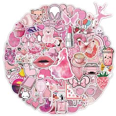 a bunch of pink stickers that are on top of a white surface with lots of different items