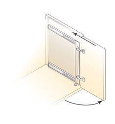 an open glass door on the side of a white wall with arrows pointing to it