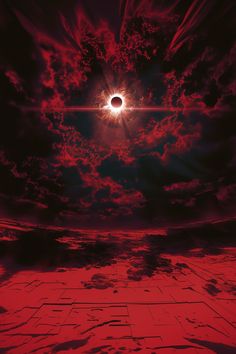 the sun is shining brightly in the sky over an empty area with red and black clouds