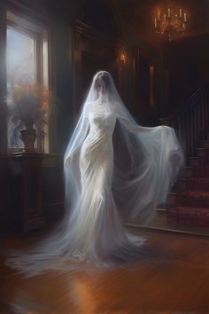 a painting of a woman in a white dress with a veil on her head standing next to stairs