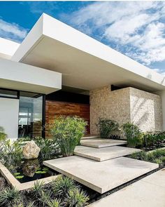 a modern house with plants and rocks in the front yard