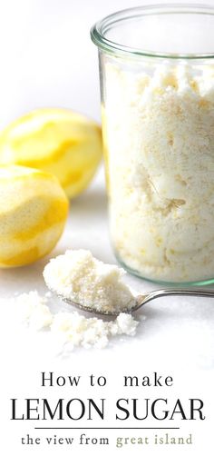 a glass jar filled with lemon sugar next to two bananas and a scoop of sugar