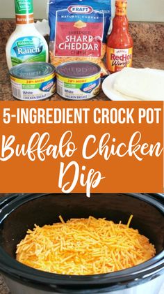 the ingredients for an easy crock pot buffalo chicken dip are shown in this collage