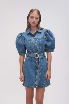 Adriana Puff Sleeve Mini Dress | 90's Wash | Aje – Aje World Dress Runway 2023, Recycle Fashion, Runway 2023, Dress Runway, Jumper Denim, D Ring Belt, Puff Sleeve Mini Dress, Ring Belt, Mini Dresses Online