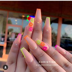 Cute Neon Nails Summer Short, Fiesta Acrylic Nails, Neon Nails Acrylic Summer Short, Fiesta Theme Nails Acrylic, Neon Nail Ideas Summer Coffin, Neon Spring Nail Designs, Spring Neon Nails, Cute Neon Nails Short, Tropical Vacation Nails 2024